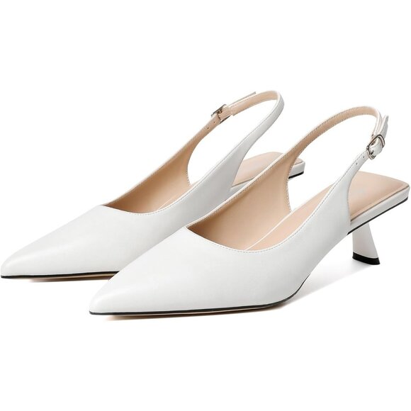 Mostrin Kitten Heel White Faux Leather Low Slingback Heels with Buckle - Picture 9 of 9